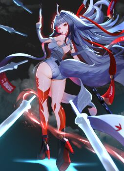  1girl absurdres animal_ears ass bare_legs breasts commentary_request flying from_behind gao_kawa grey_hair highres horse_ears horse_girl horse_tail leg_tattoo legs long_hair looking_at_viewer looking_back medium_breasts multicolored_hair red_eyes red_hair solo sword tail tattoo two-tone_hair weapon ye_shunguang zenless_zone_zero 