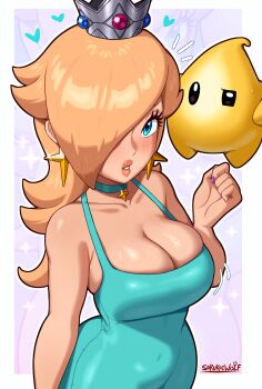  1girl absurdres alternate_breast_size_(larger) bare_shoulders blonde_hair blue_choker blue_dress blue_eyes blush breasts choker cleavage collarbone commentary covered_navel crown dress earrings english_commentary grey_crown hair_over_one_eye heart highres jewelry large_breasts long_hair looking_at_viewer luma_(mario) mario_(series) motion_lines nintendo parted_lips rosalina sarukaiwolf silver_crown skin_tight sparkle star_(symbol) star_earrings sweatdrop taut_clothes tight_clothes tight_dress zoom_layer 