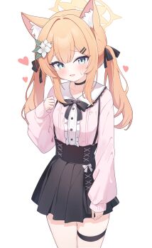 1girl absurdres alternate_costume animal_ear_fluff animal_ears black_skirt blue_archive blue_eyes blush cat_ears choker collarbone flower hair_flower hair_ornament hair_ribbon halo heart highres jirai_kei long_hair mari_(blue_archive) nonddu open_mouth orange_hair pink_shirt ribbon shirt skirt solo sweatdrop thigh_strap twintails white_background rating:General score:19 user:danbooru