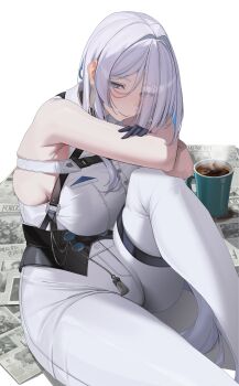  1girl absurdres armpit_crease bare_shoulders black_choker black_corset blue_eyes blush breasts brid_(nikke) brid_(silent_track)_(nikke) chest_harness choker closed_mouth coffee_mug collared_shirt colored_inner_hair commentary corset crossed_arms cup dress_shirt earrings floating_earrings gloves goddess_of_victory:_nikke gong_dol_hong grey_hair hair_between_eyes hair_over_one_eye half_gloves harness highres jewelry large_breasts long_hair mug multicolored_hair newspaper on_floor pants shirt sideboob sideless_shirt sidelocks simple_background sitting sleeveless sleeveless_shirt solo tassel tight_clothes tight_pants very_long_hair white_background white_pants white_shirt 