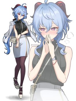  1girl absurdres ahoge alternate_costume averting_eyes bag bare_shoulders black_shirt blazer blue_hair blush breasts commentary_request contemporary covering_own_mouth cowboy_shot full_body ganyu_(genshin_impact) genshin_impact goat_horns hair_between_eyes hands_up high_heels highres horns jacket jacket_on_shoulders long_hair looking_at_viewer multiple_views open_mouth own_hands_together pantyhose purple_eyes shirt shoes shoulder_bag simple_background skirt sleeveless sleeveless_shirt smartwatch twitter_username very_long_hair watch white_background white_bag white_jacket white_shoes white_skirt wristwatch zoruu21 