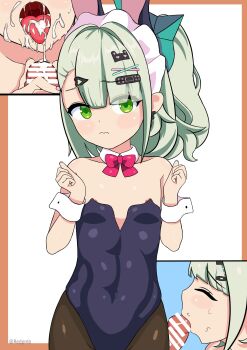  1boy 1girl absurdres after_fellatio alternate_costume angels_of_delusion animal_ears bare_shoulders black_leotard black_pantyhose blunt_bangs bow bowtie breasts brown_pantyhose closed_mouth collar collarbone covered_navel cowboy_shot cum cum_in_mouth cum_on_body cum_on_tongue detached_collar earrings ejaculation erection eyes_visible_through_hair facial fellatio flat_chest green_eyes green_hair hair_bow hair_ornament hairclip hands_up hetero highleg highleg_leotard highres jewelry leotard loli long_hair looking_at_viewer maid_headdress mihoyo multiple_views nipple_slip nipples oral original outside_border pantyhose penis penis_grab pink_bow pink_bowtie playboy_bunny ponytail rabbit_ears red_bow red_bowtie redpmb sidelocks simple_background small_breasts solo_focus strapless strapless_leotard sunna_(zenless_zone_zero) teeth tongue tongue_out wavy_mouth white_background white_collar white_wrist_cuffs wrist_cuffs zenless_zone_zero 