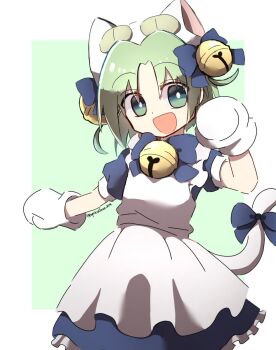  1girl :d animal_ears animal_hat apricotlaze_rtm apron bell border bow bright_pupils cat_ears cat_girl cat_hat cat_tail cowboy_shot dejiko di_gi_charat dress gloves green_background green_eyes green_hair hair_bell hair_ornament hashtag-only_commentary hat highres jingle_bell looking_at_viewer mittens neck_bell open_mouth parted_bangs paw_pose short_hair short_sleeves simple_background smile solo standing tail tail_bow tail_ornament white_apron white_border white_mittens white_pupils 