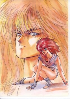  1980s_(style) 1boy 1girl bastard!! dark_schneider hagiwara_kazushi oldschool red_hair retro_artstyle tia_noto_yoko watercolor 