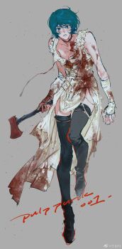  1girl axe bad_source blood blood_on_clothes blood_on_face bloody_weapon blue_eyes blue_hair boots breasts dress fingerless_gloves full_body genderswap genderswap_(mtf) gloves grey_background gundam highres holding holding_axe holding_weapon kamille_bidan looking_at_viewer pulppunk001 short_hair simple_background solo thigh_boots thighhighs watermark weapon weibo_username weibo_watermark white_dress zeta_gundam 