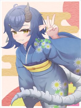  blue_hair blue_kimono chiriwi commentary_request dragon_girl egasumi fang horns japanese_clothes jitome kimono obi original pointy_ears print_kimono sash short_hair single_horn solo standing tail v wide_sleeves yellow_eyes 