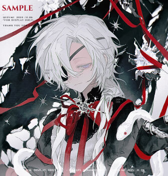  1boy :3 animal asymmetrical_bangs black_gloves bow bowtie closed_mouth commission dated eyelashes eyepatch gloves grey_eyes hair_over_shoulder highres izumi_087 long_hair looking_at_viewer male_focus mihuashi_commission one_eye_covered original parted_bangs red_bow red_bowtie red_ribbon ribbon sample_watermark snake solo watermark white_hair 