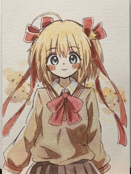  1girl ahoge blonde_hair blue_eyes blush bow bowtie closed_mouth collared_shirt commentary cowboy_shot eyelashes eyes_visible_through_hair grey_skirt hair_between_eyes hair_ornament hair_ribbon highres kamikita_komari little_busters! little_busters!_school_uniform long_ribbon looking_at_viewer medium_hair painting_(medium) pink_bow pink_bowtie pleated_skirt red_ribbon ribbon school_uniform shirt skirt sleeves_past_wrists smile solo star_(symbol) star_hair_ornament sweater tareme traditional_media two_side_up watercolor_(medium) white_shirt yellow_sweater zeppachi 