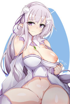  1girl blush breasts closed_mouth dress emilia_(re:zero) highres long_hair looking_at_viewer medium_breasts myumi navel nipples pointy_ears purple_eyes pussy re:zero_kara_hajimeru_isekai_seikatsu sidelocks solo thighhighs very_long_hair white_dress white_hair white_thighhighs  rating:Explicit score:20 user:danbooru