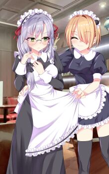  2girls :/ :3 ;3 ^_^ absurdres alternate_costume apron back_bow black_dress black_ribbon black_thighhighs blonde_hair blush bow breasts closed_eyes closed_mouth commentary_request dress enmaided feet_out_of_frame frilled_apron frills frown glasses green_eyes grey_hair hair_between_eyes hair_intakes hair_over_one_eye hair_ribbon hands_up heaven_burns_red highres indoors izumi_yuki_(heaven_burns_red) juliet_sleeves kayamori_ruka large_breasts long_bangs long_dress long_hair long_sleeves maid maid_apron maid_headdress medium_breasts multiple_girls narby_(heaven_burns_red) one_eye_closed one_eye_covered photo_background puffy_short_sleeves puffy_sleeves red_ribbon ribbon round_eyewear short_dress short_hair short_sleeves smile standing sweatdrop thighhighs user_vcvh8227 v-shaped_eyebrows waist_apron white_apron white_bow zettai_ryouiki 
