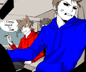  3boys anger_vein animification annoyed antenna_hair black_pants blue_hoodie brown_hair car_interior cigar commentary_request drawstring edd_(eddsworld) eddsworld eko_endure english_text flipped_hair grey_eyes grin hair_behind_ear hair_ears holding holding_cigar hollow_eyes hood hood_down hoodie korean_commentary long_sleeves male_focus multiple_boys pants protected_link red_hoodie short_hair smile source_quote speech_bubble sweat tom_(eddsworld) tord_(eddsworld) wide-eyed 