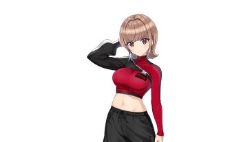  1girl brown_hair dolphin_wave highres kamie_tsugumi midriff navel official_art ootomo_takuji red_eyes solo transparent_background  rating:General score:5 user:redweptef12