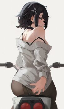  1girl absurdres arknights arknights:_endfield bare_shoulders black_bra black_choker black_hair blush bra breasts brown_pantyhose chinese_commentary choker closed_mouth clothes_pull commentary_request endministrator_(arknights) feet_out_of_frame female_endministrator_(arknights) grey_background grey_sweater highres large_breasts long_sleeves looking_at_viewer looking_back motor_vehicle motorcycle no_pants off_shoulder on_motorcycle panties pantyhose see-through_pantyhose shikyou_yoru short_hair sidelocks simple_background sitting solo sweater sweater_pull underwear white_panties 
