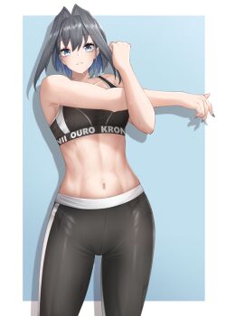  1girl abs alternate_costume black_hair black_pants black_sports_bra blue_background blue_eyes blue_hair blue_nails border clothes_writing colored_inner_hair commentary cowboy_shot cross-body_stretch drop_shadow eyelashes fingernails highres hololive hololive_english medium_hair more_muscular_than_canon multicolored_hair muscular muscular_female nail_polish navel ouro_kronii pants popcornflakes simple_background solo sports_bra stomach stretching sweat two-tone_hair virtual_youtuber white_border 