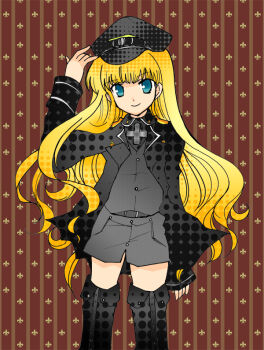  1girl alice_soft blonde_hair blue_eyes boots cross dai_(series) daiteikoku female_focus hat military military_uniform nazi peaked_cap pure-doux_(pixiv) retia_adolf solo thigh_boots thighhighs  rating:Sensitive score:6 user:jerooff