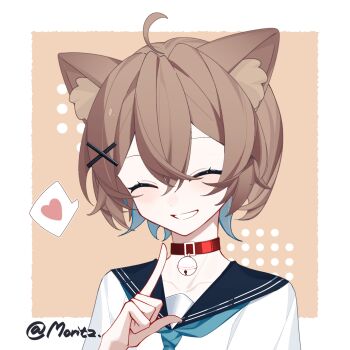  1girl ^_^ ahoge animal_ear_fluff animal_ears artist_request bell belt_collar black_sailor_collar blue_hair blue_neckerchief border brown_background brown_hair cat_ears cat_girl closed_eyes collar collarbone colored_inner_hair commentary_request hair_ornament hand_up heart highres index_finger_raised indie_virtual_youtuber jingle_bell light_blush michiyo_mao multicolored_hair neck_bell neckerchief outside_border portrait red_collar sailor_collar school_uniform second-party_source serafuku short_hair smile smirk spanish_commentary speech_bubble spoken_heart virtual_youtuber white_border white_serafuku x_hair_ornament 