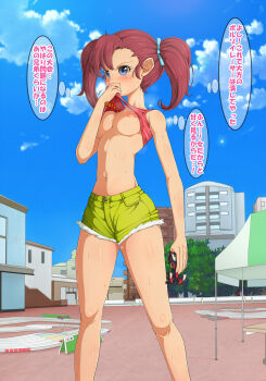  1girl bakusou_kyoudai_let's_&amp;_go!! bakusou_kyoudai_let's_&amp;_go!!_max bare_shoulders blue_eyes blue_ribbon blue_sky blush bow breasts breasts_out building clothes_lift cloud crop_top day dedenchuu denim denim_shorts eyebrows facing_viewer feet_out_of_frame female_focus fingernails from_below green_shorts hair_bow hair_ribbon hand_up highres holding legs_apart lifting_own_clothes medium_breasts navel nipples no_bra oogami_marina outdoors red_hair ribbon shiny_skin shirt shirt_lift short_hair short_shorts shorts sky sleeveless sleeveless_shirt smelling solo speech_bubble standing sweat tank_top thighs thought_bubble toy_car translation_request twintails wiping_face wiping_sweat wiping_with_clothes  rating:Questionable score:36 user:Nanami