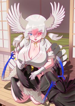  2girls absurdres aburaeoyaji alternate_breast_size_(larger) bird_tail bird_wings black_gloves black_hair black_shirt black_skirt black_wings blue_eyes breast_rest breasts breasts_on_head cleavage commentary_request day elbow_gloves gloves glowing glowing_eye hair_between_eyes hair_ribbon head_wings heterochromia highres holding huge_breasts japanese_clothes jungle_crow_(kemono_friends) kemono_friends kemono_friends_3 kimono lap_pillow long_hair looking_at_another looking_down lying medium_hair mimikaki multicolored_hair multiple_girls neck_ribbon on_side open_mouth outdoors pink_hair red_eyes ribbon shirt sitting skirt sliding_doors tail talons twintails two-tone_hair white_gloves white_hair white_wings wings yatagarasu_(kemono_friends) 