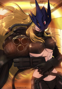 1girl aiming aiming_at_viewer artist_name beelstarmon belt black_mask blonde_hair breasts coat combination_weapon digimon digimon_(creature) dual_wielding eye_mask female_focus gun handgun highres holding holding_gun holding_weapon knife large_breasts lipstick long_hair looking_at_viewer makeup mask midriff multiple-barrel_gun red_eyes revealing_clothes revolver rizoma_de_loto solo third_eye triple-barreled_revolver underboob weapon zigokuno