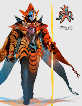  absurdres armor dated deoxys gen_3_pokemon glowing glowing_weapon highres holding holding_weapon mythical_pokemon nintendo personification pokemon pokemon_(creature) reference_inset reflection shadow signature sukepmonster weapon white_background  rating:General score:3 user:danbooru