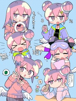  >_< 1girl :d :o absurdres angel black_bow black_choker black_shirt blue_background blush_stickers bow cellphone choker closed_eyes collarbone commentary_request datenshi-chan_(nanawo_akari) double_bun drawstring elbow_rest expressionless feathered_wings fluorescent_lamp hair_between_eyes hair_bow hair_bun hair_ornament hair_up hairclip halftone halftone_background halo hands_on_own_chest hands_up highres holding holding_halo holding_phone holding_pillow hood hood_down hoodie indie_utaite jacket jitome looking_at_object low_wings medium_hair multiple_persona nanawo_akari nervous_sweating off_shoulder open_mouth phone pillow pink_eyes pink_hair pink_hoodie pink_sweater pleated_skirt purple_bow purple_jacket purple_skirt purple_socks raised_eyebrows richard_(richaball) rubbing_eyes shirt shout_lines shouting sidelocks sitting skirt sleep_mask sleepy smartphone smile socks speech_bubble spoken_object spoken_symbol sweat sweatdrop sweater t-shirt tearing_up terada_tera_(style) thought_bubble translated v-shaped_eyebrows white_skirt wings 