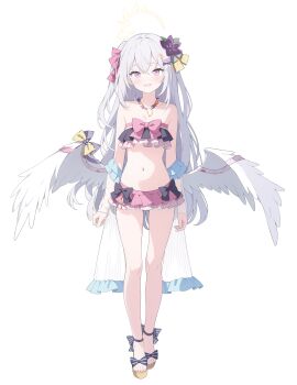 1girl absurdres angel_wings azusa_(blue_archive) azusa_(swimsuit)_(blue_archive) bikini black_bikini black_bow blue_archive blush bow feathered_wings feet flat_chest flower frilled_bikini frills hair_between_eyes hair_flower hair_ornament halo highres jyt legs long_hair looking_at_viewer navel official_alternate_costume open_mouth pink_bikini pink_bow pink_eyes platform_sandals purple_flower sandals simple_background smile solo swimsuit toenails toes white_background white_hair white_wings wings yellow_halo rating:Sensitive score:60 user:danbooru