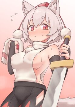  1girl :/ absurdres animal_ear_fluff animal_ears areola_slip black_bridal_gauntlets black_skirt blush breasts bridal_gauntlets closed_mouth commentary_request detached_sleeves double-parted_bangs gradient_background grey_hair hair_between_eyes hat highres holding holding_sword holding_unworn_clothes holding_weapon inubashiri_momiji large_breasts looking_down medium_hair nose_blush pink_background pom_pom_(clothes) red_eyes red_hat red_skirt red_trim samukaze shirt side_slit sideboob simple_background skirt solo sweatdrop sword tail tokin_hat touhou two-tone_skirt unworn_sleeves upper_body weapon white_shirt wolf_ears wolf_girl wolf_tail 