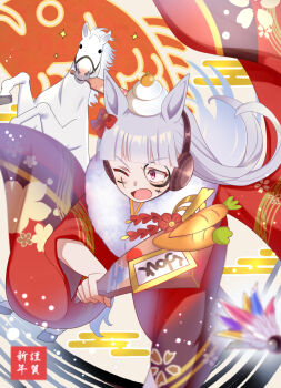  1girl animal_ears blunt_bangs blush bow carrot commentary_request creature_and_personification ear_bow food food_on_head fruit fruit_on_head gold_ship_(racehorse) gold_ship_(umamusume) grey_hair hagoita hane_(hanetsuki) hanetsuki holding holding_paddle horse horse_ears horse_girl ink ink_on_face japanese_clothes kagami_mochi kimono long_hair long_sleeves mandarin_orange object_on_head one_eye_closed open_mouth orange_(fruit) paddle personification purple_eyes red_bow red_kimono tail umamusume under_hoshizora wide_sleeves 