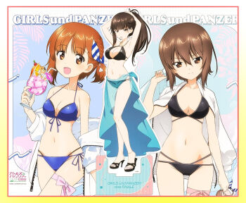  10s 3girls alternate_costume bikini blush braid breasts brown_hair cleavage cowboy_shot curvy drink expressionless full_body girls_und_panzer highres holding holding_drink large_breasts long_hair looking_at_viewer lowleg lowleg_bikini mother_and_daughter multiple_girls navel nishizumi_maho nishizumi_miho nishizumi_shiho official_alternate_costume official_art ponytail short_hair siblings side-tie_bikini_bottom sisters smile standing sweat swimsuit thong thong_bikini wet wide_hips 