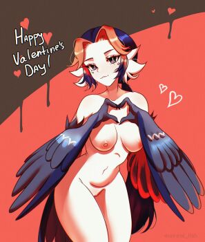  1girl absurdres bird_tail black_eyes black_feathers black_hair black_wings breasts claws feathered_wings feathers happy_valentine harpy heart heart_hands highres long_hair medium_breasts monster_girl multicolored_hair navel nipples nude orange_hair original parted_bangs parted_lips pussy red_background solo tail two-tone_hair uncensored unreal_fish very_long_hair winged_arms wings 