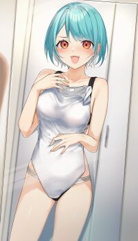  1girl absurdres aqua_hair black_bra black_panties bra breasts clothes_in_front commentary_request cowboy_shot dutch_angle fang fitting_room highres kairi_(miry666) medium_breasts one-piece_swimsuit orange_eyes panties school_swimsuit shiranami_ramune short_hair skin_fang solo sports_bra swimsuit underwear virtual_youtuber vspo! white_one-piece_swimsuit 