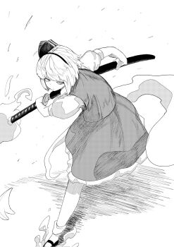  1girl black_shoes commentary hairband highres holding holding_sword holding_weapon katana konpaku_youmu konpaku_youmu_(ghost) looking_at_viewer medium_hair monochrome motutigire scabbard serious sheath shirt shoes short_sleeves skirt socks solo sword touhou vest weapon white_hair white_socks 