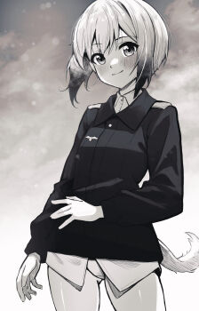  1girl animal_ears black_jacket blush commentary_request dog_ears dog_girl erica_hartmann feet_out_of_frame highres jacket liar_lawyer looking_at_viewer military military_uniform monochrome no_pants panties short_hair smile solo standing strike_witches underwear white_panties world_witches_series  rating:Sensitive score:4 user:danbooru