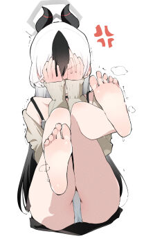  1girl absurdres barefoot blue_archive blush covering_face feet feet_up highres kayoko_(blue_archive) kayoko_(dress)_(blue_archive) long_hair multicolored_hair panties pantyshot soles steam terra_tiri toes two-tone_hair underwear white_hair  rating:Questionable score:36 user:ssfl