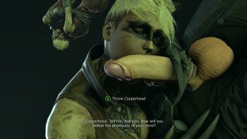  1boy 1girl 3d batman batman_(series) blonde_hair closed_eyes clothed_sex copperhead_(dc) dc_comics defeat faceless faceless_male facepaint fellatio hetero highres large_penis oral penis penis_grab reptile sfmjake short_hair subtitled testicles  rating:Explicit score:22 user:manman007