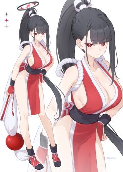  1girl bare_shoulders black_hair blue_archive breasts cleavage commentary_request cosplay dan_(kumadan) dress folding_fan full_body hair_ornament hairclip halo hand_fan high_ponytail highres large_breasts long_hair looking_at_viewer pelvic_curtain ponytail red_dress red_eyes rio_(blue_archive) shiranui_mai shiranui_mai_(cosplay) the_king_of_fighters zoom_layer 