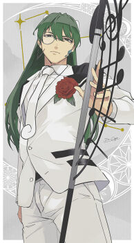  1boy closed_mouth da_capo_(e.g.o) e.g.o_(project_moon) employee_(project_moon) formal_clothes green_hair grey_background grey_eyes hashtag-only_commentary highres lobotomy_corporation long_hair looking_at_viewer male_focus monocle motoiwork necktie nugget_(project_moon) pants project_moon solo standing suit weapon_name white_necktie white_pants white_suit 