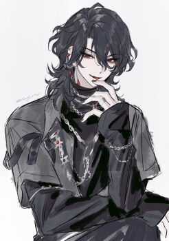  1boy absurdres arm_across_waist artist_name black_hair black_nails black_shirt bright_me_up!!_(ensemble_stars!) chain chain_bracelet chain_necklace commentary curtained_hair earrings ensemble_stars! eyelashes fang fingernails grey_shirt hair_between_eyes hand_up highres jewelry layered_shirt layered_sleeves long_sleeves lunaticotat male_focus medium_hair necklace official_alternate_costume official_alternate_hairstyle ring sakuma_rei_(ensemble_stars!) shirt short_over_long_sleeves short_sleeves simple_background sketch sleeves_past_wrists solo tongue tongue_out untranslatable_commentary upper_body white_background 