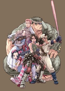  3boys 3girls absurdres ahoge backwards_hat ball baseball_bat baseball_uniform biker_clothes bikesuit blonde_hair bodysuit bow bow_(music) brown_eyes brown_hair camouflage camouflage_shirt clothes_around_waist dress drill_hair elbow_gloves fighting_stance full_body game_cg glasses gloves hair_bow hat highres holding holding_baseball_bat instrument isurugi_gan jacket jacket_around_waist justice_gakuen kagami_kyosuke karuizawa_momo kazama_akira kirishima_yurika knee_pads leather leather_pants looking_at_viewer moero!_justice_gakuen multiple_boys multiple_girls nishimura_kinu non-web_source official_art open_mouth orange_hair pants racket sawamura_shoma shin_guards shirt shoes short_hair simple_background skull_print sleeveless sleeveless_shirt smile sneakers solo spiked_hair spikes sportswear standing striped_clothes striped_thighhighs tennis_ball tennis_racket thighhighs twin_drills twintails upturned_eyes violin white_thighhighs 