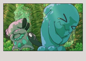  >_< absurdres blue_skin closed_eyes closed_mouth colored_skin covering_own_eyes gen_2_pokemon highres nintendo no_humans onamuzi_illust outdoors pokemon pokemon_(creature) pokemon_focus snubbull tail tree wobbuffet 