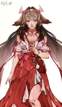  1girl absurdres armband artist_name bag bare_shoulders bracelet breasts brown_hair cleavage closed_mouth collarbone commentary cowboy_shot cross-laced_clothes cross-laced_top droopy_ears english_commentary fingernails frilled_armband frilled_shirt frilled_shirt_collar frills hairband hand_up high-waist_skirt highres jewelry large_breasts long_hair looking_at_viewer multicolored_hairband official_alternate_costume pearl_bracelet pink_nails pink_ribbon rebel_6bb red_bag red_hairband red_skirt ribbon shirt shirt_tucked_in shoulder_bag sketch skirt solo twitter_username white_armband white_hairband white_shirt ye_shunguang zenless_zone_zero 