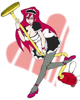  1girl between_breasts between_legs breasts choker cleavage crayon_shin-chan female_focus full_body glasses happy heart large_breasts leaning_forward long_hair looking_at_viewer maid maid_headdress mole one_eye_closed pink-framed_eyewear pink-tinted_eyewear pink-tinted_glasses red_hair sexually_suggestive sexy_misae_x shoes simple_background smile solo sunglasses thighhighs tinted_eyewear vacuum_cleaner white_background wink 