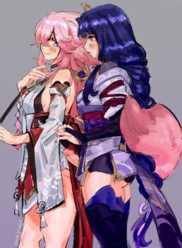  2girls animal_ears bare_shoulders black_thighhighs blush braid breasts bridal_gauntlets closed_mouth deertripetri detached_sleeves erection fox_ears fox_girl fox_tail from_side futanari genshin_impact gohei grey_background hair_between_eyes hair_ornament hair_over_eyes holding holding_gohei japanese_clothes jewelry kimono long_hair looking_at_another multiple_girls pink_hair purple_eyes purple_hair raiden_shogun sash simple_background small_breasts smile tail thighhighs wide_sleeves yae_miko yuri 