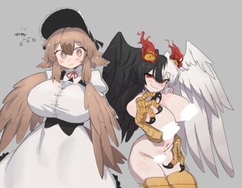  2girls animal_hands asymmetrical_wings bird_legs black_hair black_souls blush bonnet breasts brown_feathers brown_hair brown_wings censored claws commentary dodo_(black_souls) english_commentary feathered_wings feathers grey_background hair_between_eyes hair_wings half-harpy harpy head_wings heterochromia jubjub_(black_souls) large_breasts long_hair looking_at_viewer mismatched_wings monster_girl multicolored_hair multiple_girls nude nyong_nyong puffy_short_sleeves puffy_sleeves red_eyes shirt short_hair short_sleeves simple_background smile split-color_hair talons two-tone_hair white_hair white_shirt winged_arms wings yellow_eyes 