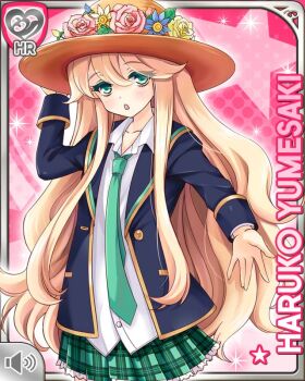  1girl :o blazer blonde_hair blue_jacket character_name flowers_in_clothing girlfriend_(kari) green_eyes green_skirt hands_together jacket long_hair official_art open_mouth pink_background plaid_clothes plaid_skirt pleated_skirt qp:flapper rainboots school_uniform shirt skirt tagme white_shirt wicker_hat yumesaki_haruko 