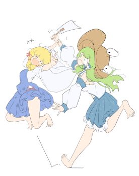  2girls :d bare_shoulders blonde_hair blue_skirt blue_vest breasts closed_eyes commentary detached_sleeves from_side full_body gohei green_eyes green_hair hair_tubes highres holding holding_another's_wrist holding_gohei jumping kochiya_sanae long_sleeves moriya_suwako multiple_girls nontraditional_miko open_mouth primsla pyonta shirt sideboob single_hair_tube skirt sleeveless sleeveless_shirt smile touhou v vest white_background white_shirt wide_sleeves 