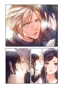  1boy 1girl absurdres armor bare_shoulders black_gloves black_hair blonde_hair blue_eyes blush breasts closed_eyes cloud_strife commentary couple earrings elbow_gloves english_commentary face-to-face facing_another final_fantasy final_fantasy_vii final_fantasy_vii_remake from_side gloves hetero highres imminent_kiss jewelry large_breasts lipgloss lips looking_at_another parted_lips pink_lips profile red_eyes ribbed_sweater shoulder_armor sleeveless sleeveless_turtleneck smile spiked_hair spykeee suspenders sweat sweater tank_top tifa_lockhart turtleneck turtleneck_sweater upper_body white_tank_top 