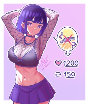 +_+ 1girl arms_behind_back back black_choker bob_cut breasts choker cleavage commentary crop_top english_commentary fishnet_top fishnets hat highres large_breasts like_and_retweet lowleg lowleg_skirt mimundoalex miniskirt original pleated_skirt purple_eyes purple_hair purple_skirt skirt solo twitter_strip_game