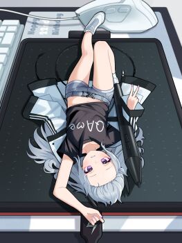  1girl absurdres arm_over_head arm_up artist_name black_shirt black_tail chinese_commentary clothes_writing coat commentary_request computer_keyboard computer_mouse fingernails full_body grey_hair grey_shoes grey_shorts highres jiuyu_qame knee_up light_blush long_hair looking_at_viewer lying midriff_peek mini_person minigirl nail_polish navel on_back original purple_eyes purple_nails shirt shoes short_shorts shorts solo stylus t-shirt tail upside-down v white_coat white_shoes 