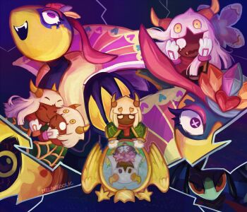  1boy 1girl absurdres arthropod_girl artist_name bad_id bad_twitter_id blunt_bangs blunt_ends bob_cut cloak closed_eyes commentary crack crying crying_with_eyes_open dark-skinned_female dark-skinned_male dark_mind dark_skin different_reflection dimension_mirror disembodied_hand english_commentary evil_smile extra_eyes eyeshadow fang fangs flower furry furry_female green_cloak green_vest hands_on_own_head happy heart hetero highres horns hug kirby:_triple_deluxe kirby_(series) kiss kissing_cheek laughing long_hair makeup medium_hair melankoolic multiple_views nintendo no_mouth old_friend_(kirby) one_eye_closed parted_bangs pink_eyeshadow pink_flower purple_background purple_eyes queen_sectonia red_scarf reflection sad scarf smile solid_eyes soul_of_sectonia sparkling_eyes taranza teardrop tears teeth upper_teeth_only vest white_eyes white_hair wide-eyed yellow_eyes yellow_horns  rating:General score:2 user:danbooru